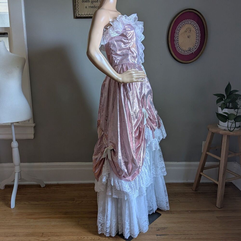 ON HOLD 80s Loralie Ballgown Southern Belle Maxi Dress Pink Strapless Saloon 8 - Picture 12 of 12